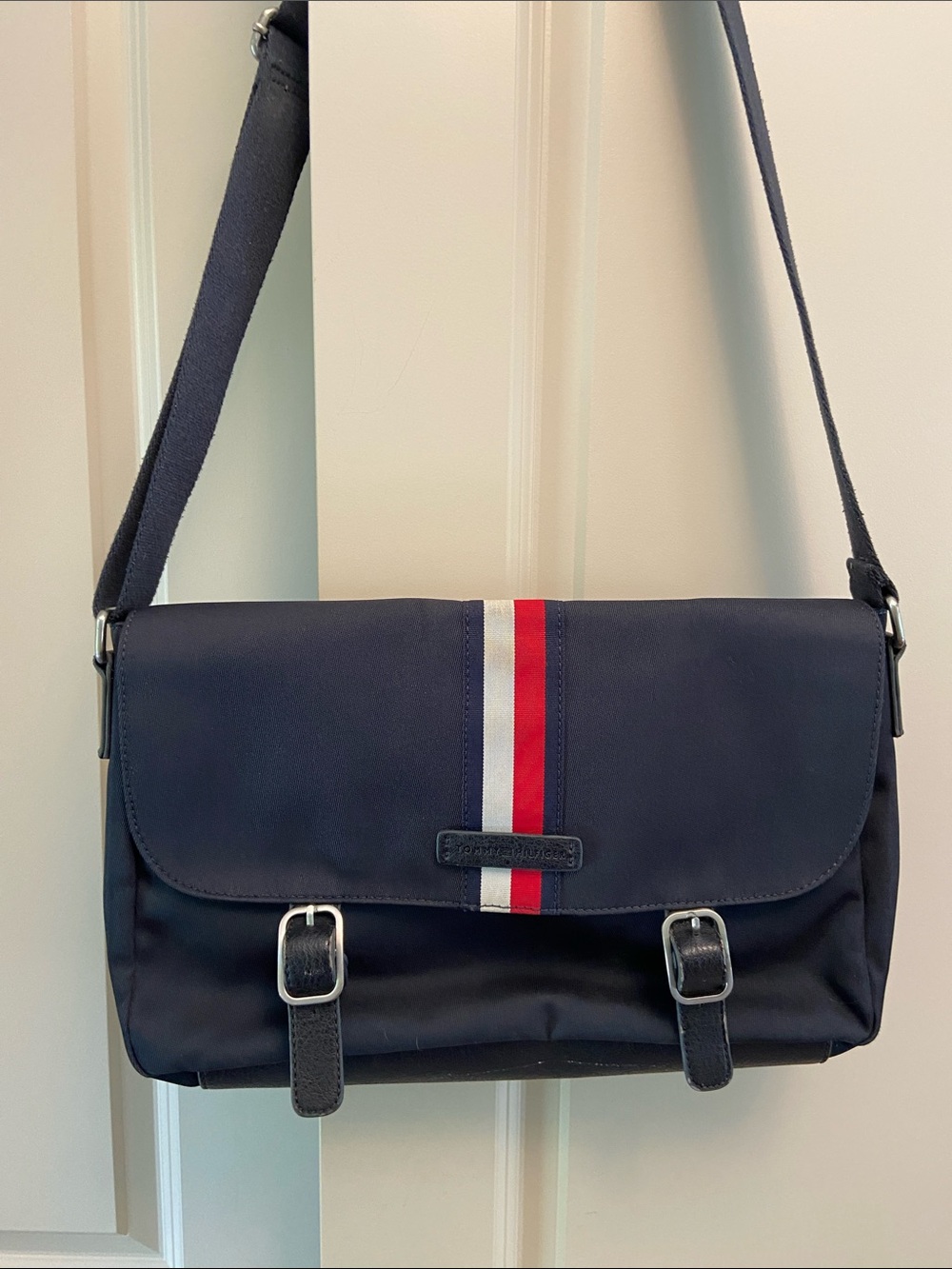 Tommy Hilfiger Navy Messenger Bag with Red and White Stripe